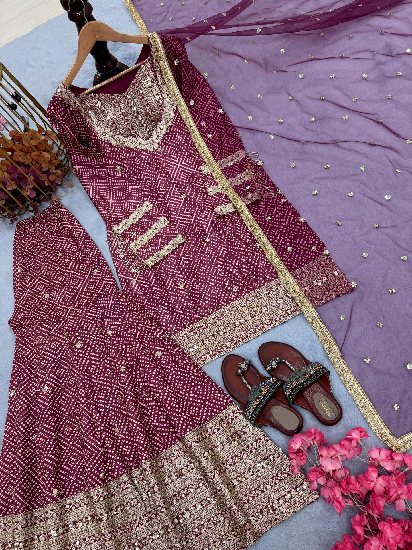 👗Launching New 🦋 Đěsigner Party Wear & Festival Look Pur Printed Chinon Silk Top-Blouse & Palazzo With Dupatta set