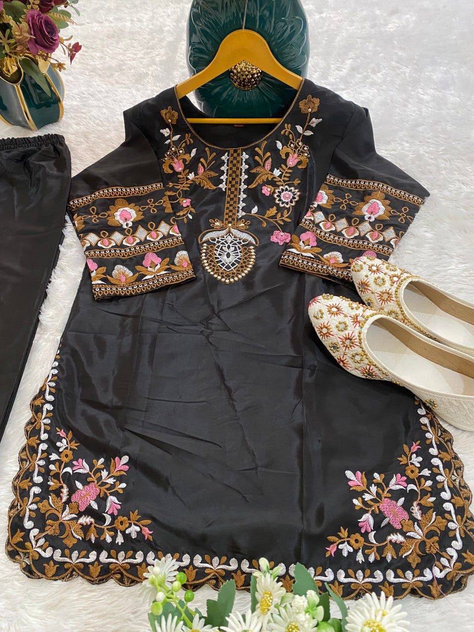 Elegant Black Silk Kurta and Flared Palazzo Set with Antique Gold Floral Embroidery