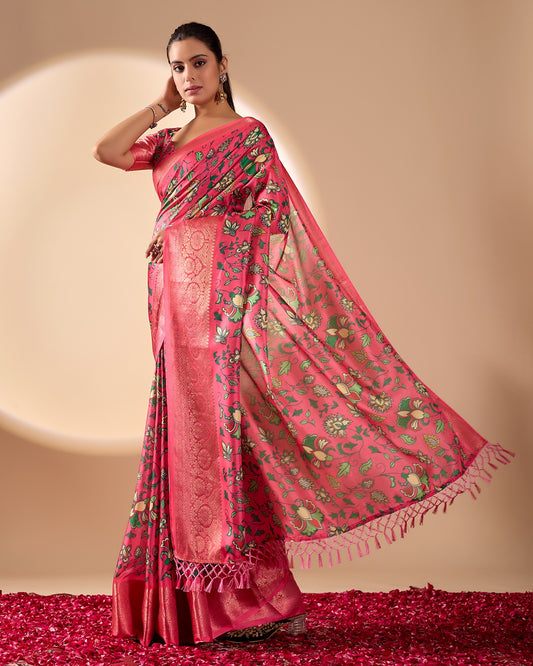 Premium Magenta Silk-Satin Festive Saree Featuring Intricate Botanical Vine Print and Woven Zari Pallu