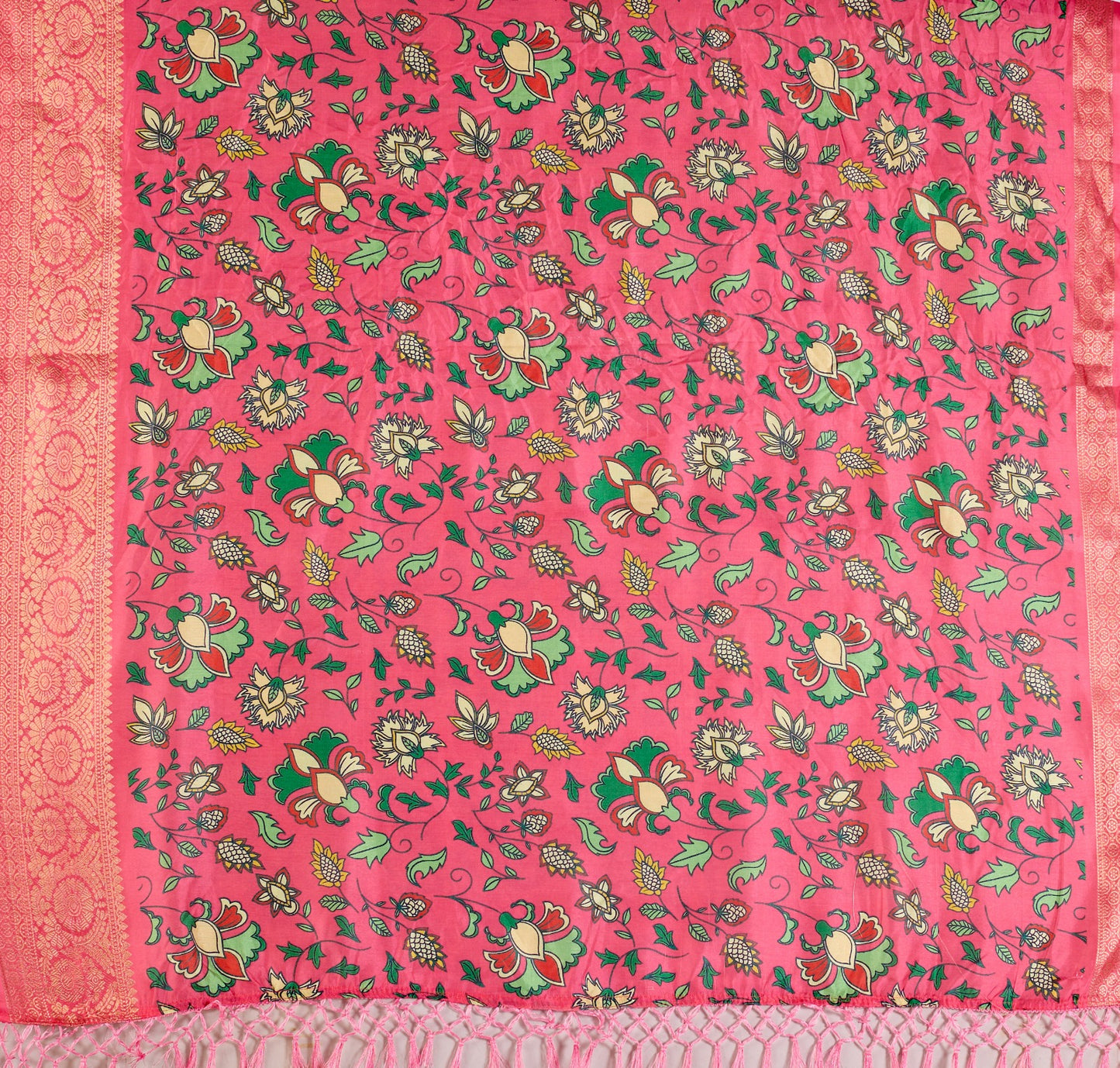Premium Magenta Silk-Satin Festive Saree Featuring Intricate Botanical Vine Print and Woven Zari Pallu