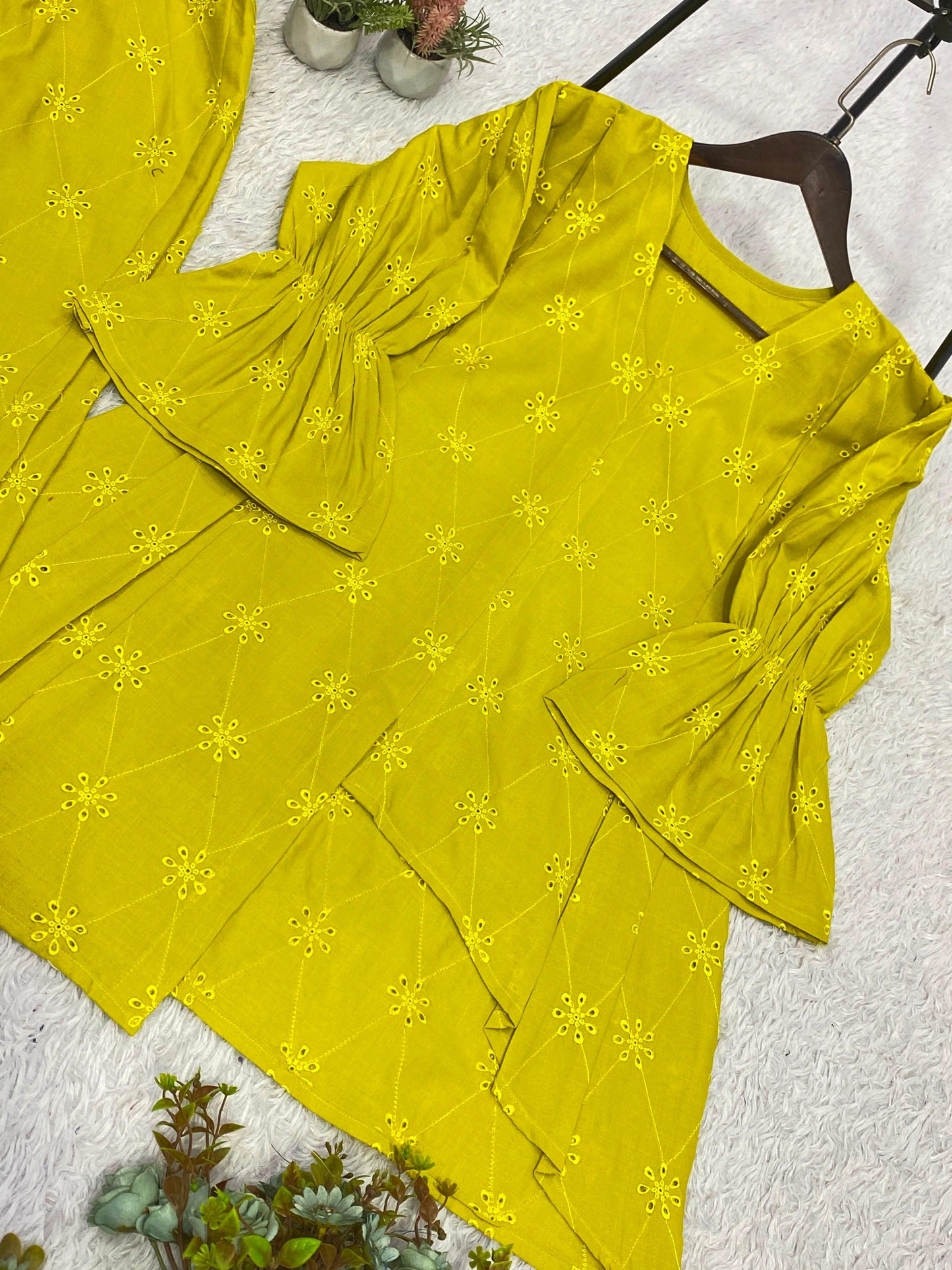 Women's Cotton Co-Ord Set in Lime Green with Floral Embroidery