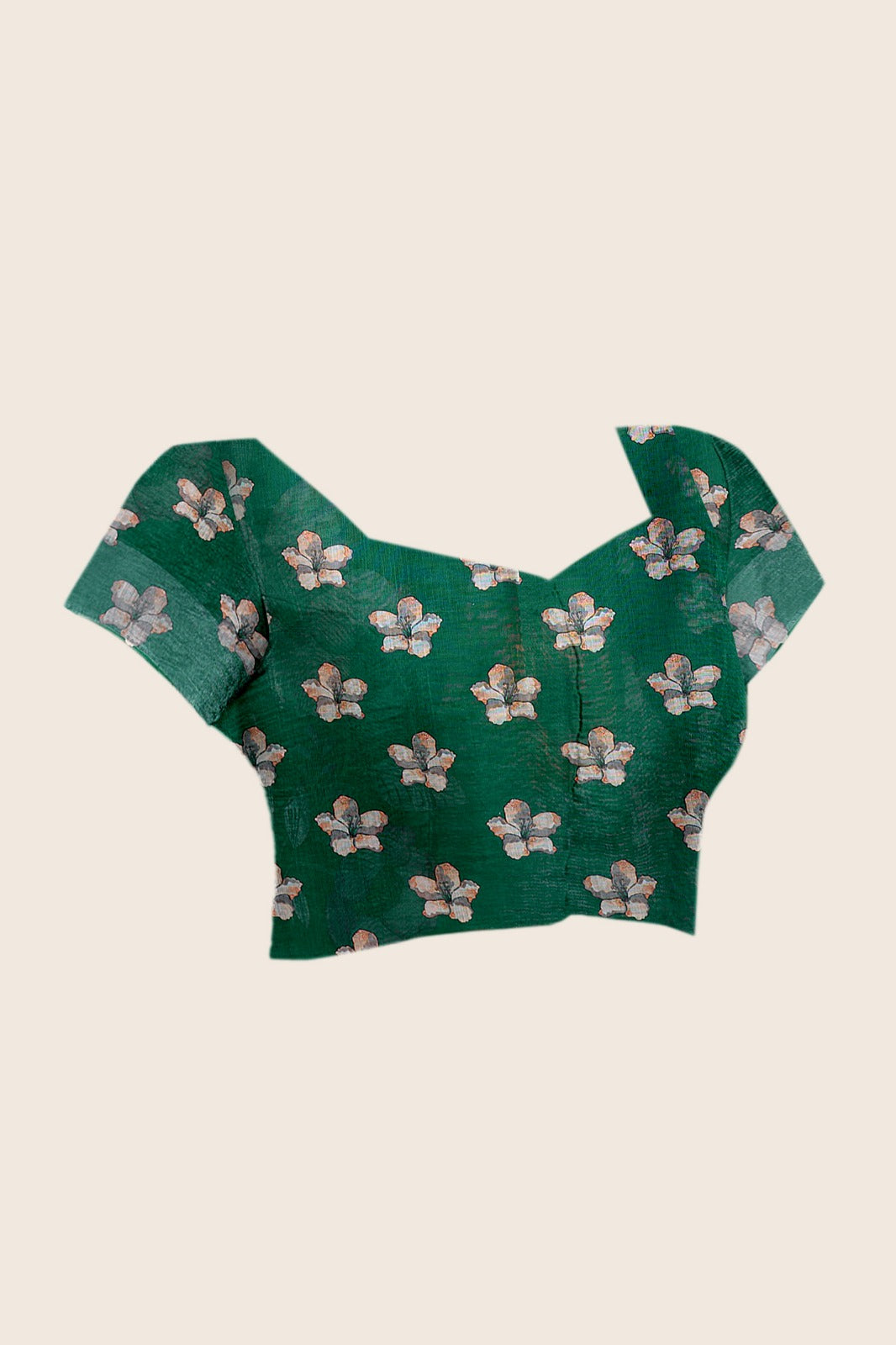 Elegant Emerald Green Festive Saree with Soft Peach and White Floral Accents and Pallu Tassels
