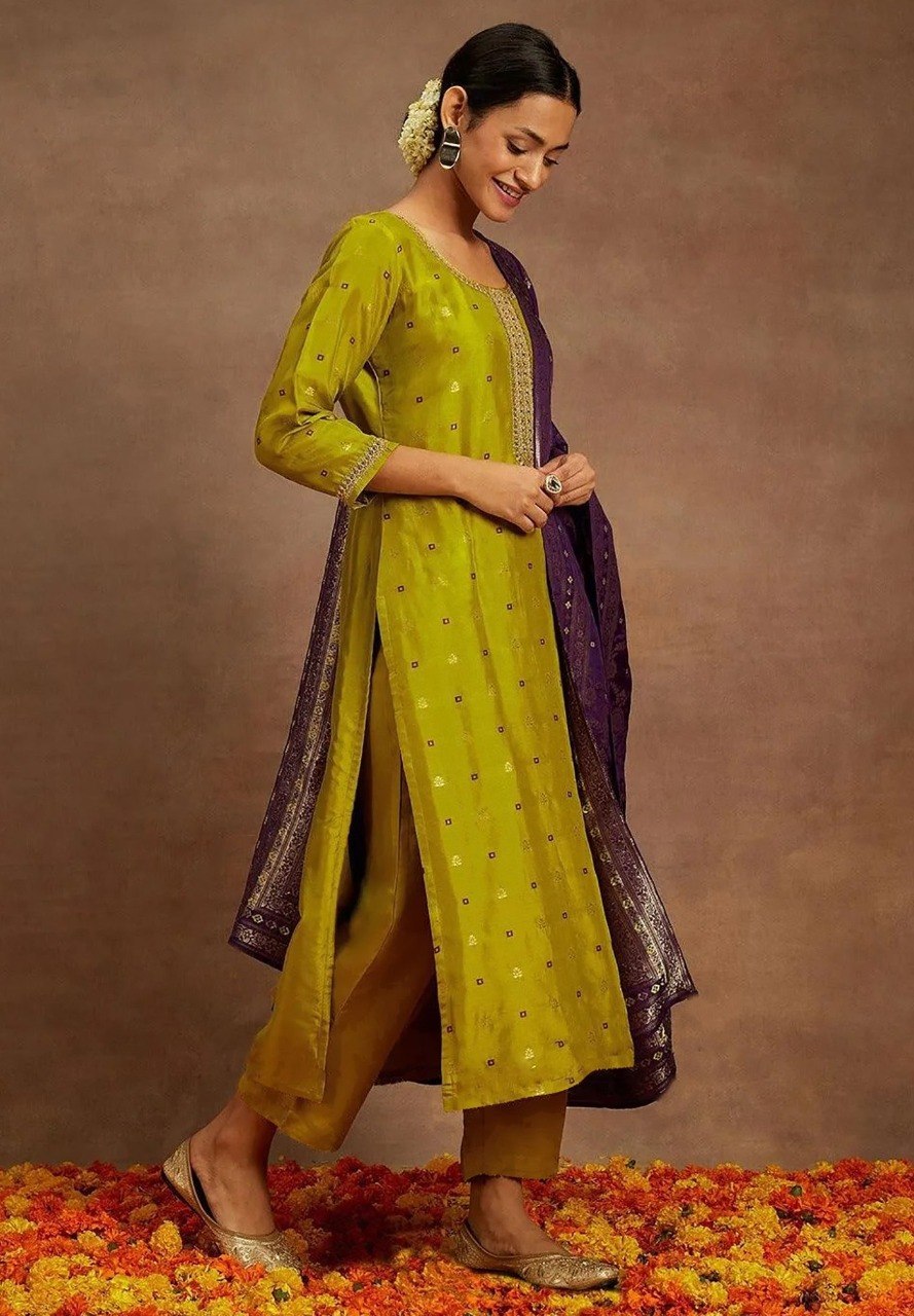 Women's Kurta Pant Set in Mustard Art Silk with Woven Detailing and Contrast Woven Dupatta