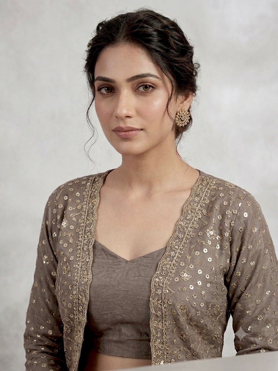 Women's Koti Palazzo Set in Taupe Brown Chinon with Sequence Embroidery