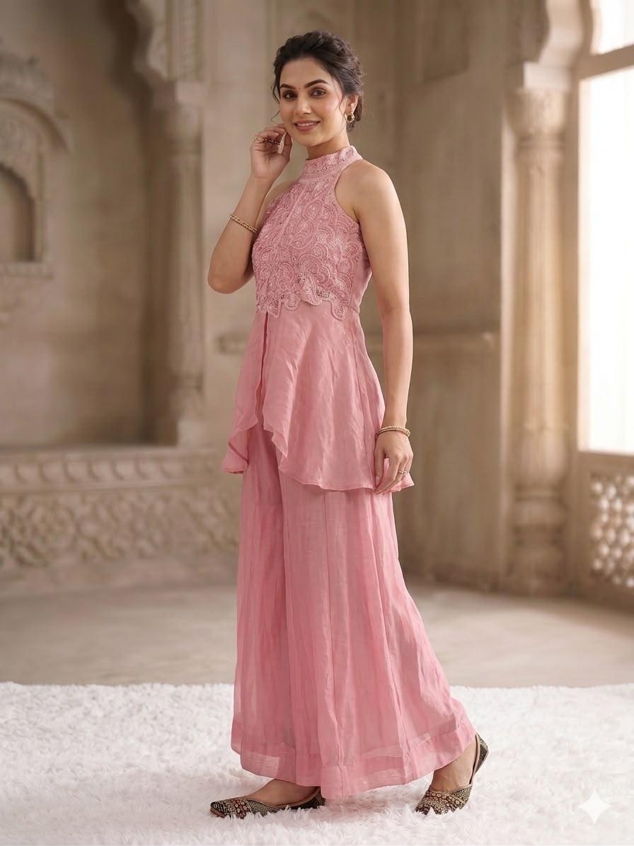 Pastel Pink Halter-Neck Peplum Top with Flared Palazzo Pants