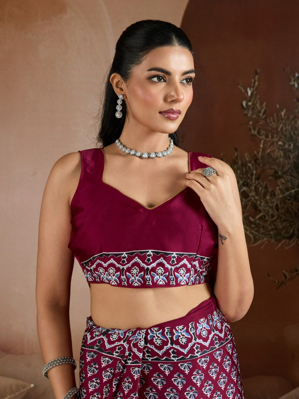 Handblock-Inspired Printed Crepe Sarees Set – Festive Indian Ethnic Wear featuring Ornate Geometric Borders and Matching Blouse Pieces in Vibrant Jewel Tones