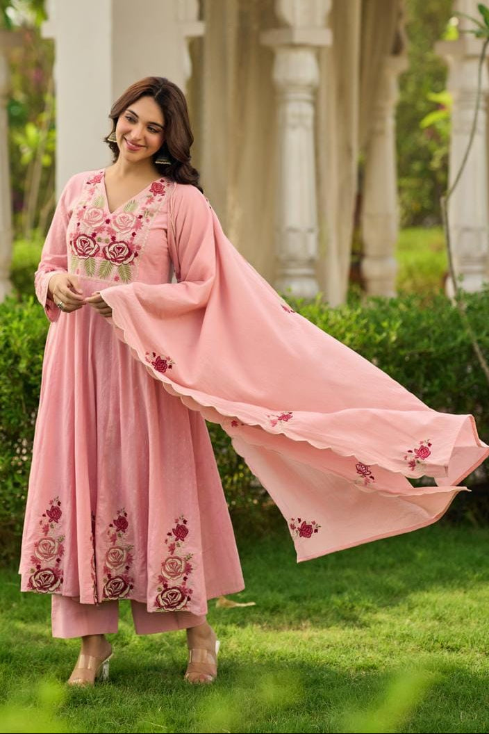 Women's Anarkali Suit Set in Blush Pink Cotton Blend with Floral Embroidery