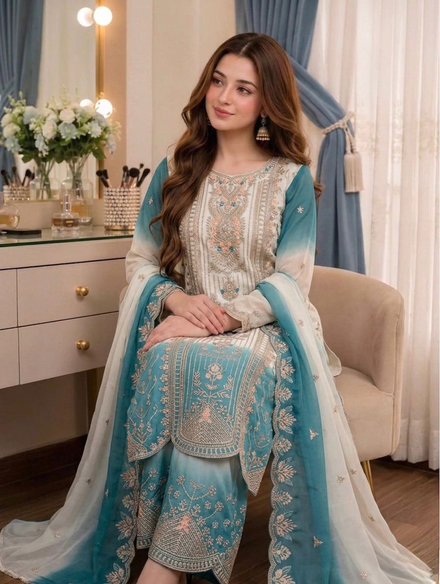 Women's Kurta Palazzo Set in Aqua Blue & Ivory Dual Tone Georgette with Thread Embroidery