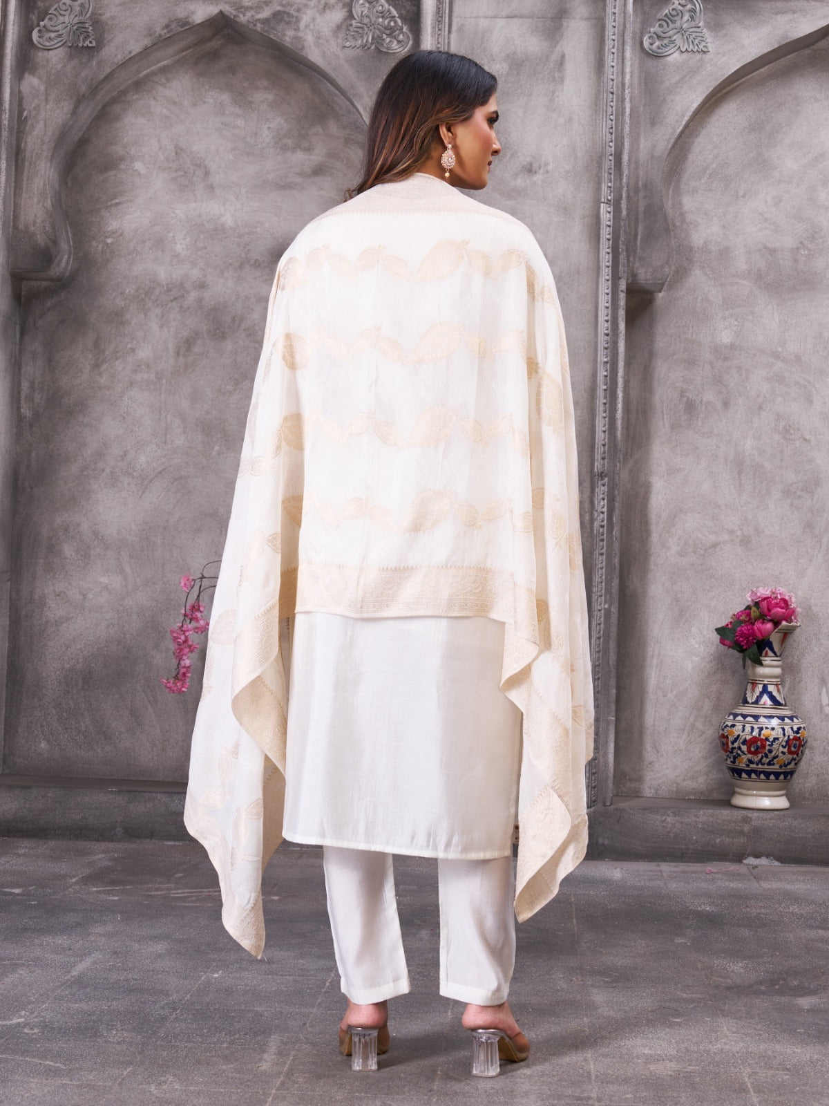 Elegant Off-White Silk Straight Kurta Set with Pastel Floral Embroidery and Matching Dupatta