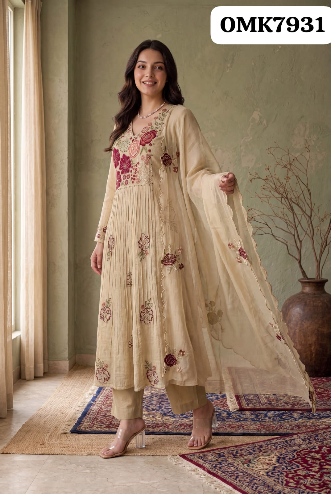 🕉️ Beautiful Three Piece Crush Cotton Kurti Set With Beautiful Neck Emb Work Paired With Pure Cotton Pant And Cotton Crush Emb Dupatta🕉️