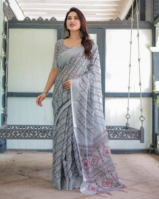 Sophisticated Dove Gray Cotton Linen Saree with Diagonal Chevron Leheriya Prints, Geometric Tribal Pallu, and Matching Micro-Printed Blouse