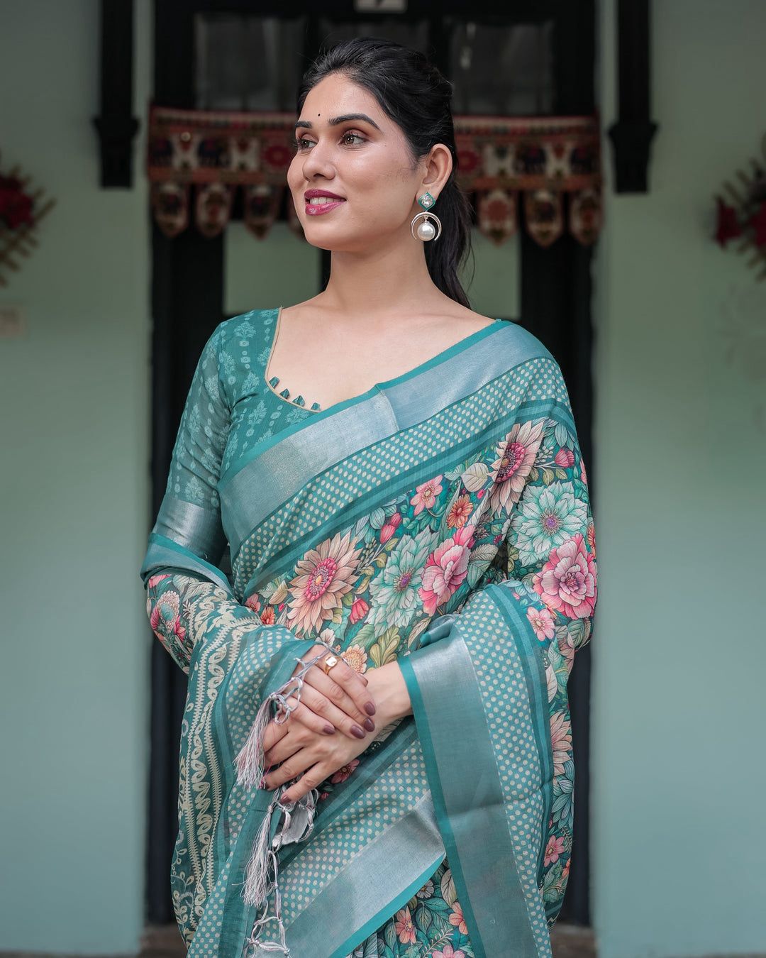 Ornate Teal Green Floral Digital Print Saree with Wide Silver Zari Border, Intricate Kalamkari-Style Pallu, and Matching Self-Weave Blouse