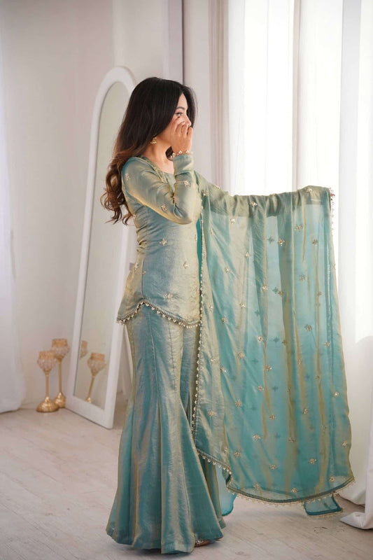Elegant Sea Green Dual-Tone Silk Sharara Suit Set featuring a Short Sweetheart-Neck Kurti with Delicate Booti Embroidery and a Matching Sheer Dupatta