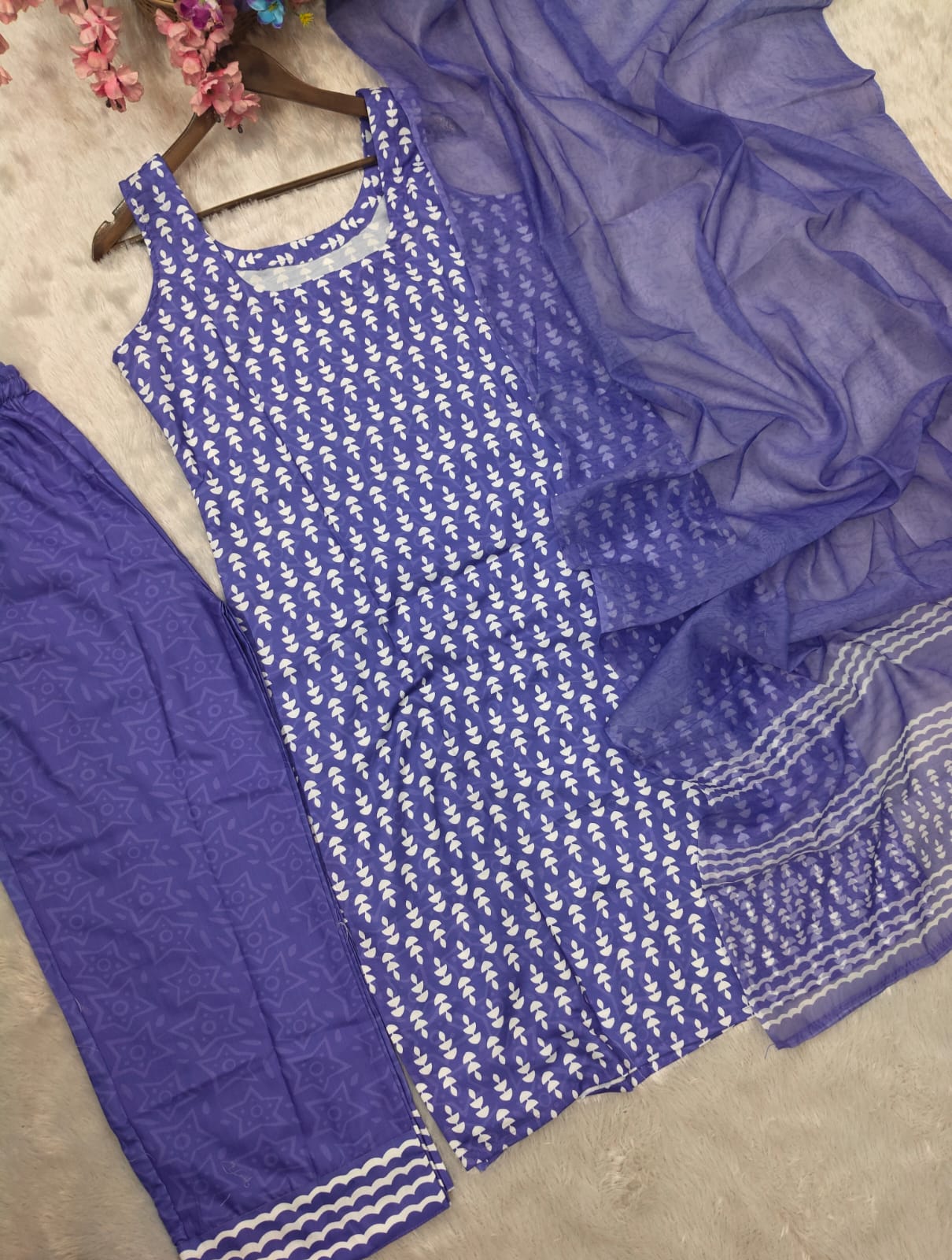 Vibrant Purple Sleeveless Cotton Kurti Set with Geometric Block Prints, Matching Wide-Leg Palazzos, and Striped Dupatta
