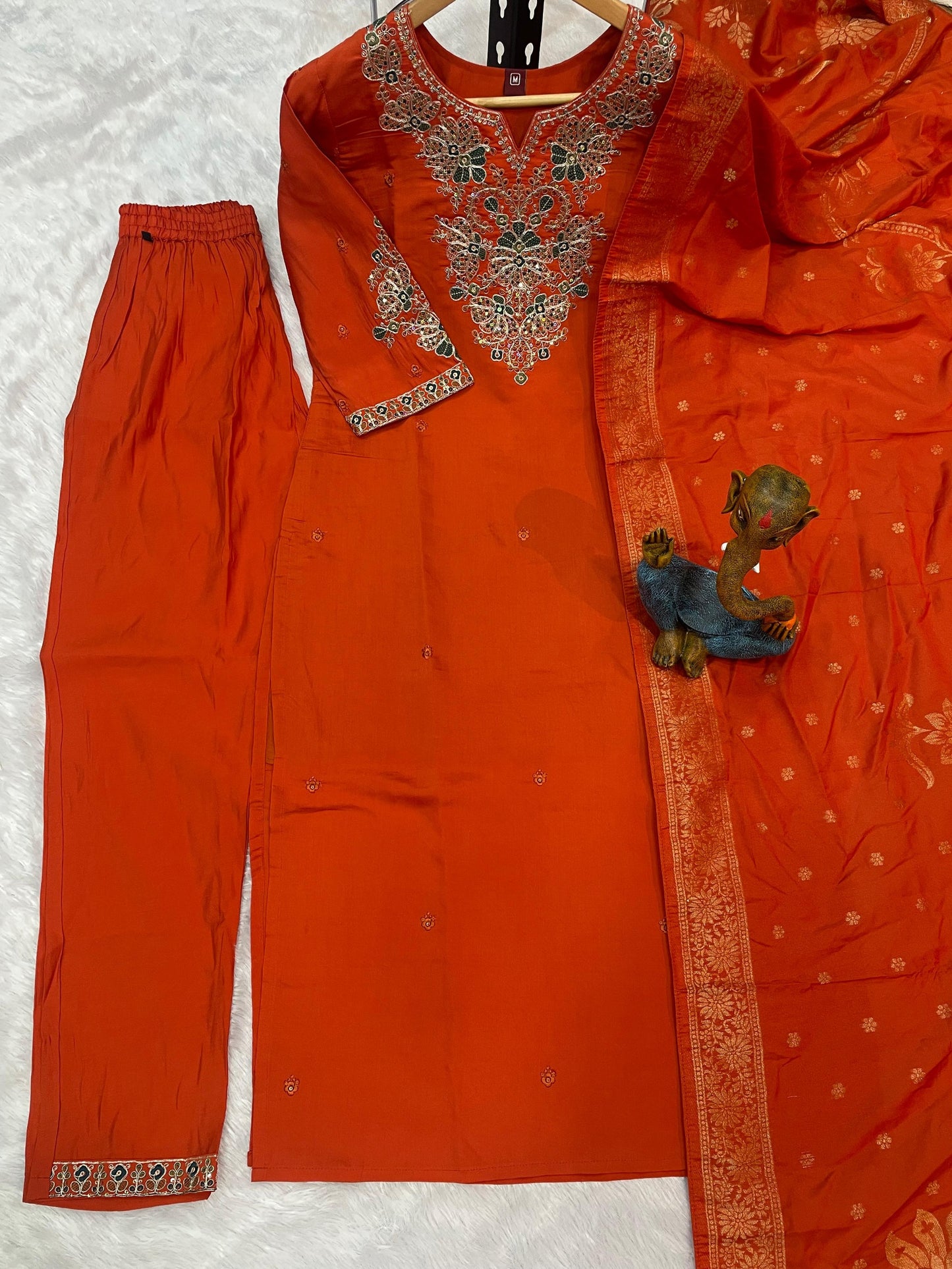 Elegant Festive Silk Straight Kurta Set with Intricate Neckline Embroidery and Banarasi Jacquard Dupatta