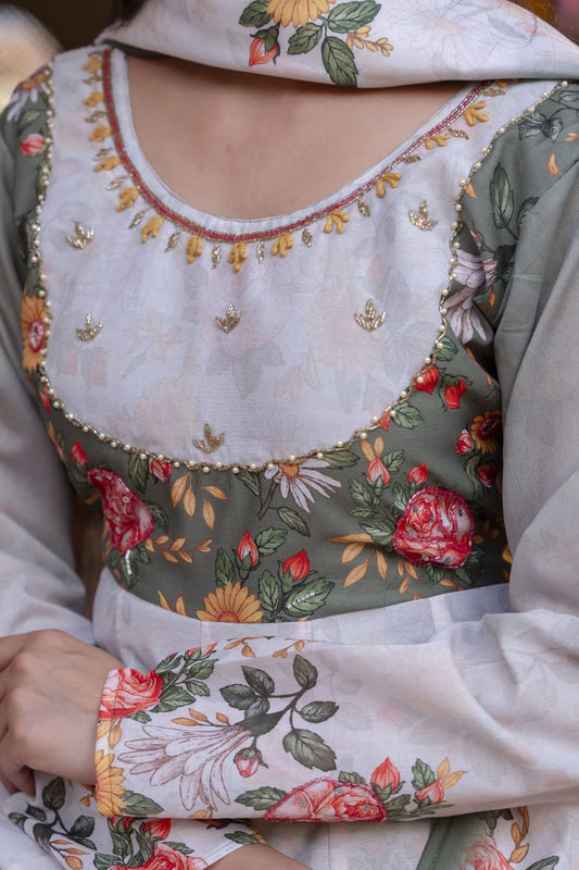Women's Gown Palazzo Set in Off White Chanderi with Floral Digital Print and Hand Work