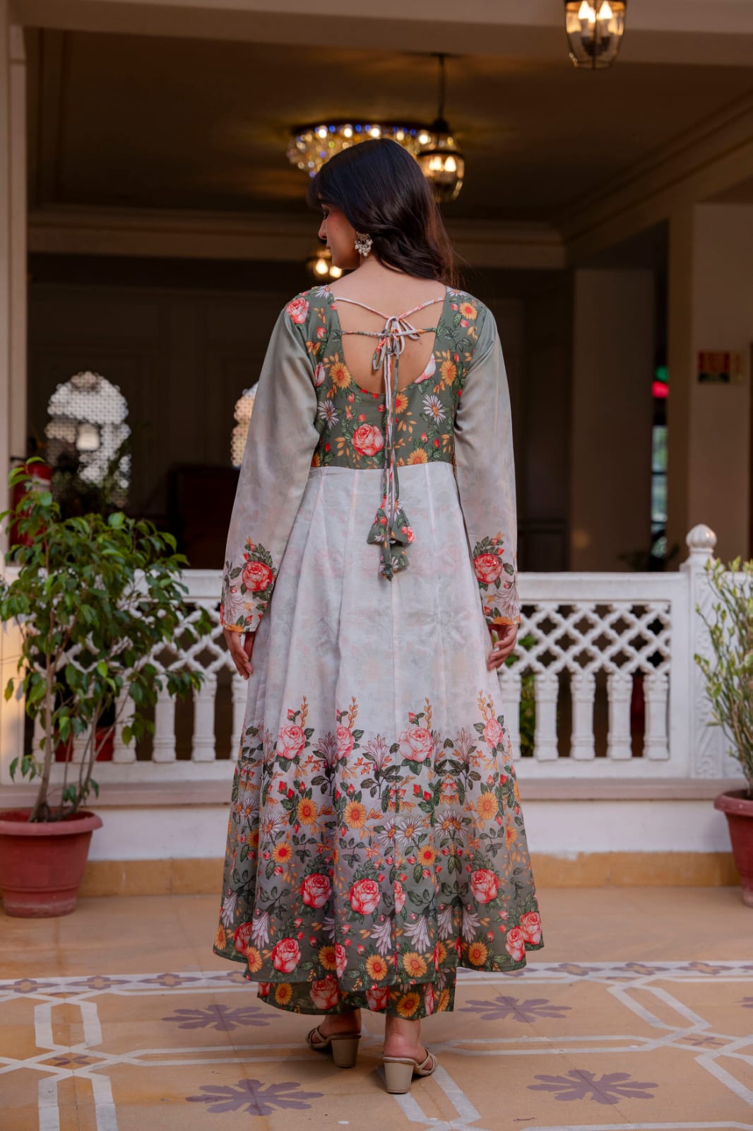 Women's Gown Palazzo Set in Off White Chanderi with Floral Digital Print and Hand Work