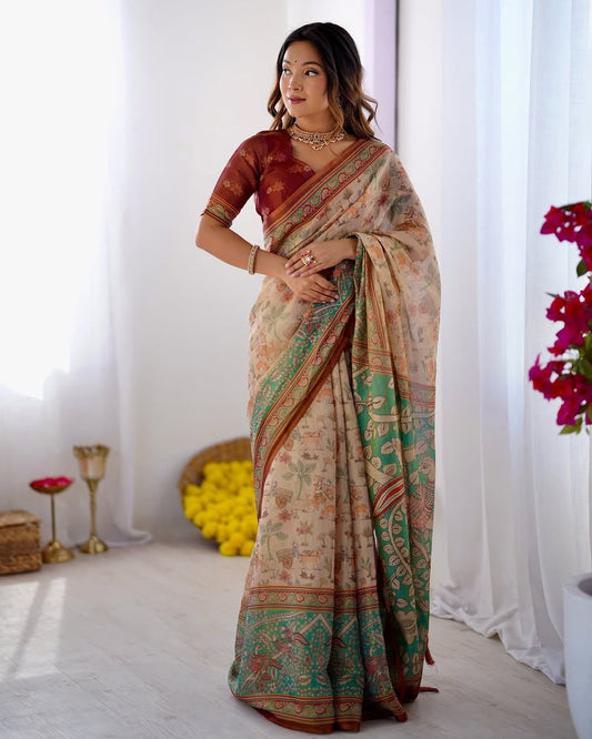 Women's Linen Cotton Saree in Beige with Forest and Peacock Digital Print