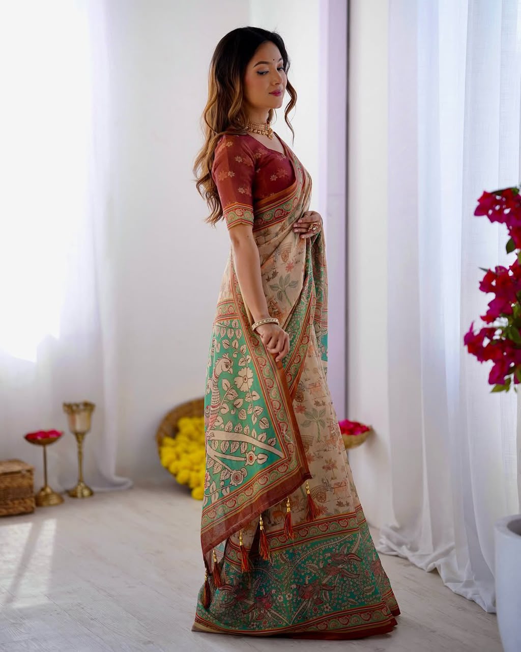 Women's Linen Cotton Saree in Beige with Forest and Peacock Digital Print