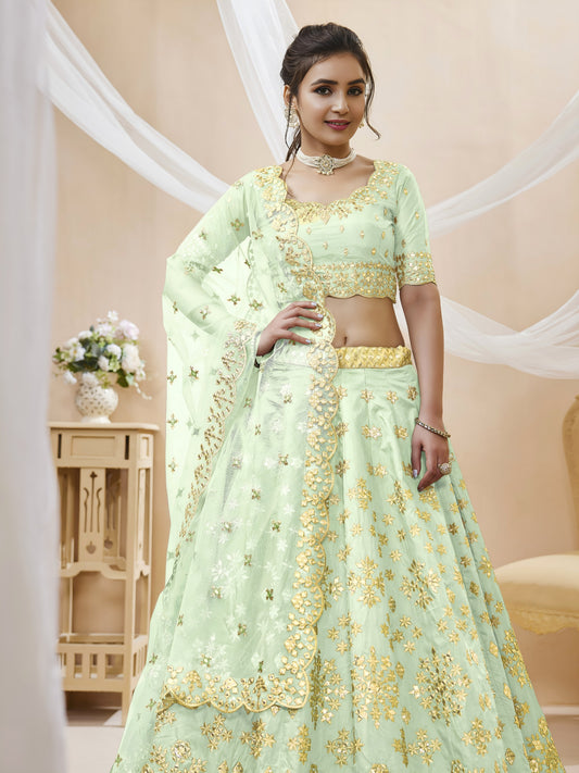 💚Pista Green Foil Mirror Work Festive Lehenga Choli 💚