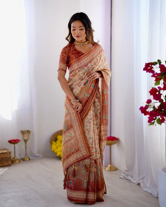 Women's Linen Cotton Saree in Beige with Floral and Village Digital Print