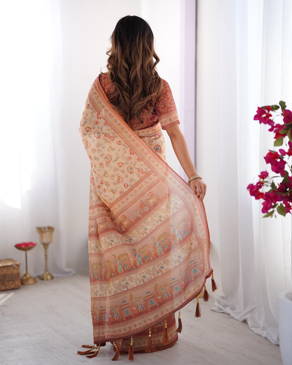 Women's Linen Cotton Saree in Beige with Floral and Village Digital Print