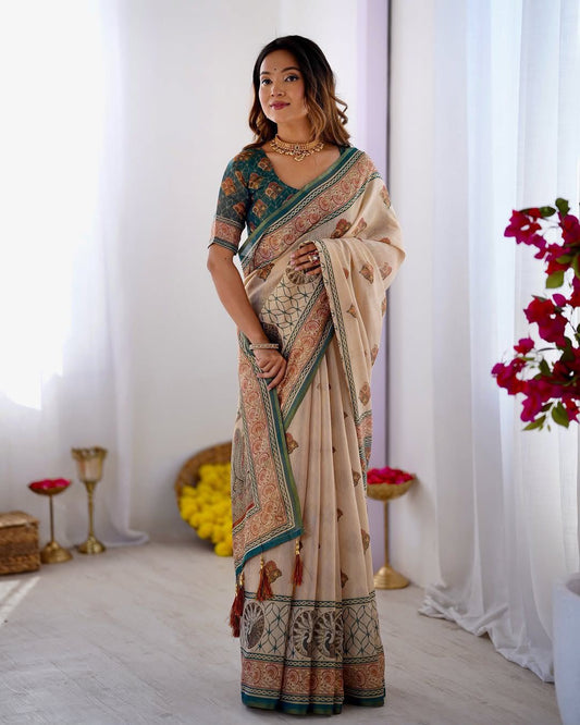Women's Linen Cotton Saree in Beige with Horse Motif Digital Print - Traditional Casual Wear