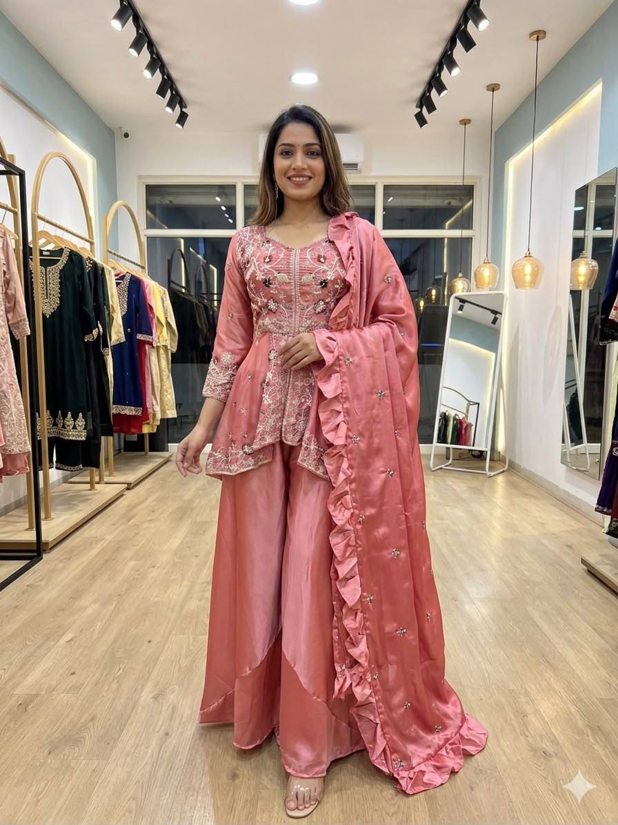 ✨ EXCLUSIVE AND TRENDY FOR WEDDING SEASON OUR SEQUENCE EMBROIDERED TOP, PLAZZO AND DUPATTA✨