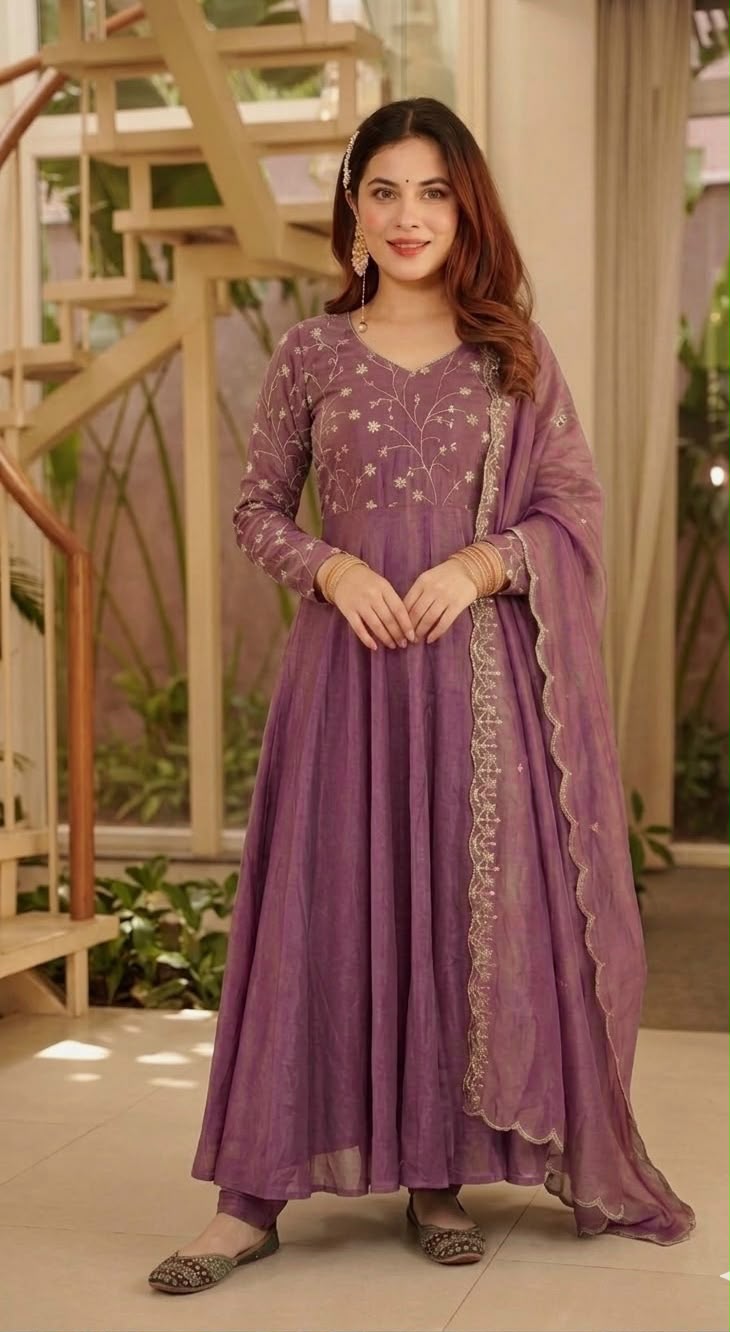 Women's Anarkali Suit in Lavender Cosmos Silk with Embroidery Sequence Work