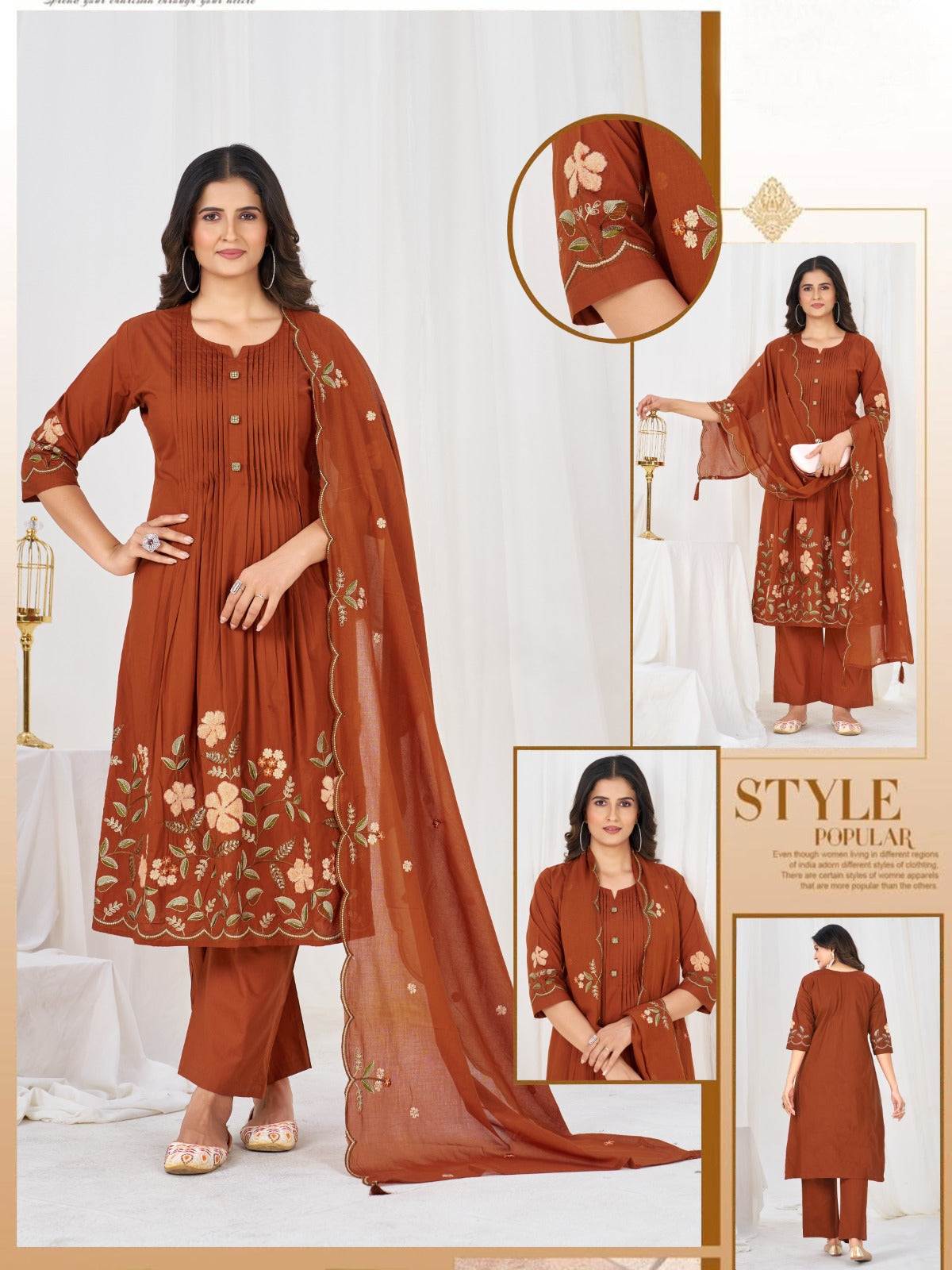 Elegant Pleated Anarkali Kurta Set with Floral Embroidery and Sheer Dupatta