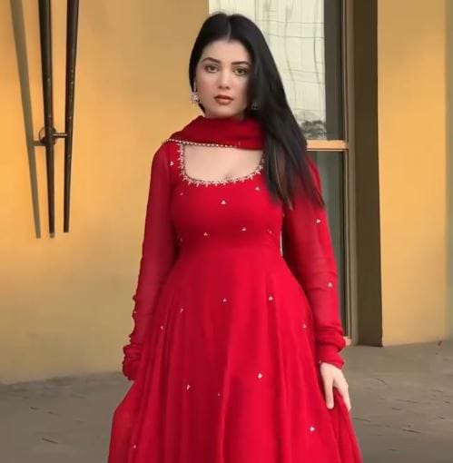 Women's Gown Set in Red Georgette with Bead Embroidery Buti Work
