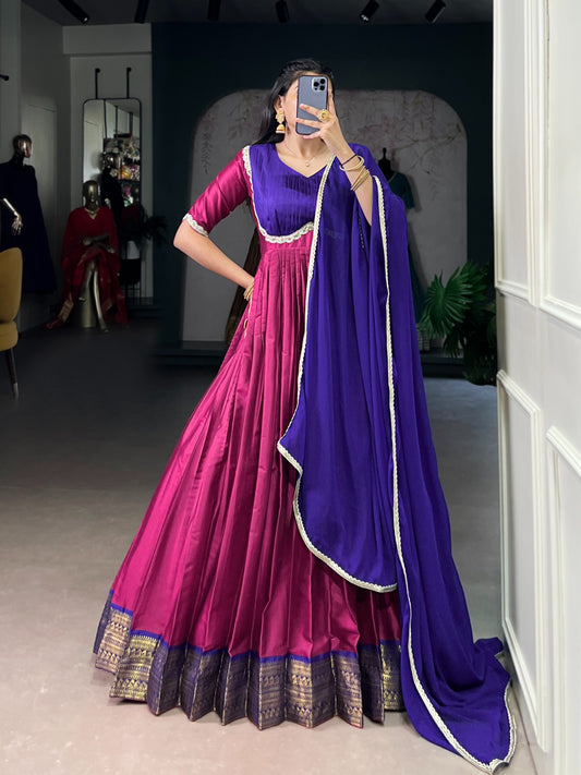 The soft sheen of silk, the charm of tradition, and the elegance of color — this Aura Silk gown is made for you 🎀