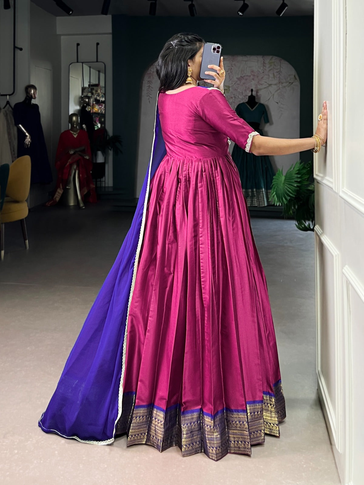 The soft sheen of silk, the charm of tradition, and the elegance of color — this Aura Silk gown is made for you 🎀