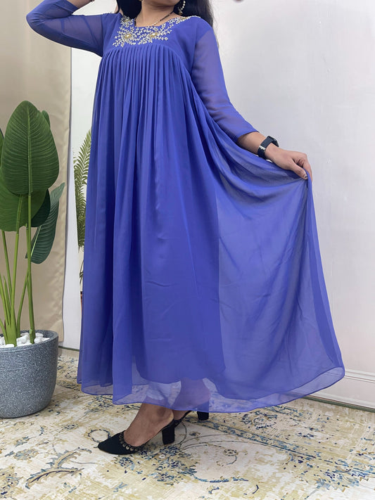 Premium Georgette Hand Embroidered Neck Pleated Flared Ethnic Gown | Women's Traditional Long Anarkali Kurti Dress for Weddings, Festivals & Special Occasions (Multi-Color Pack)