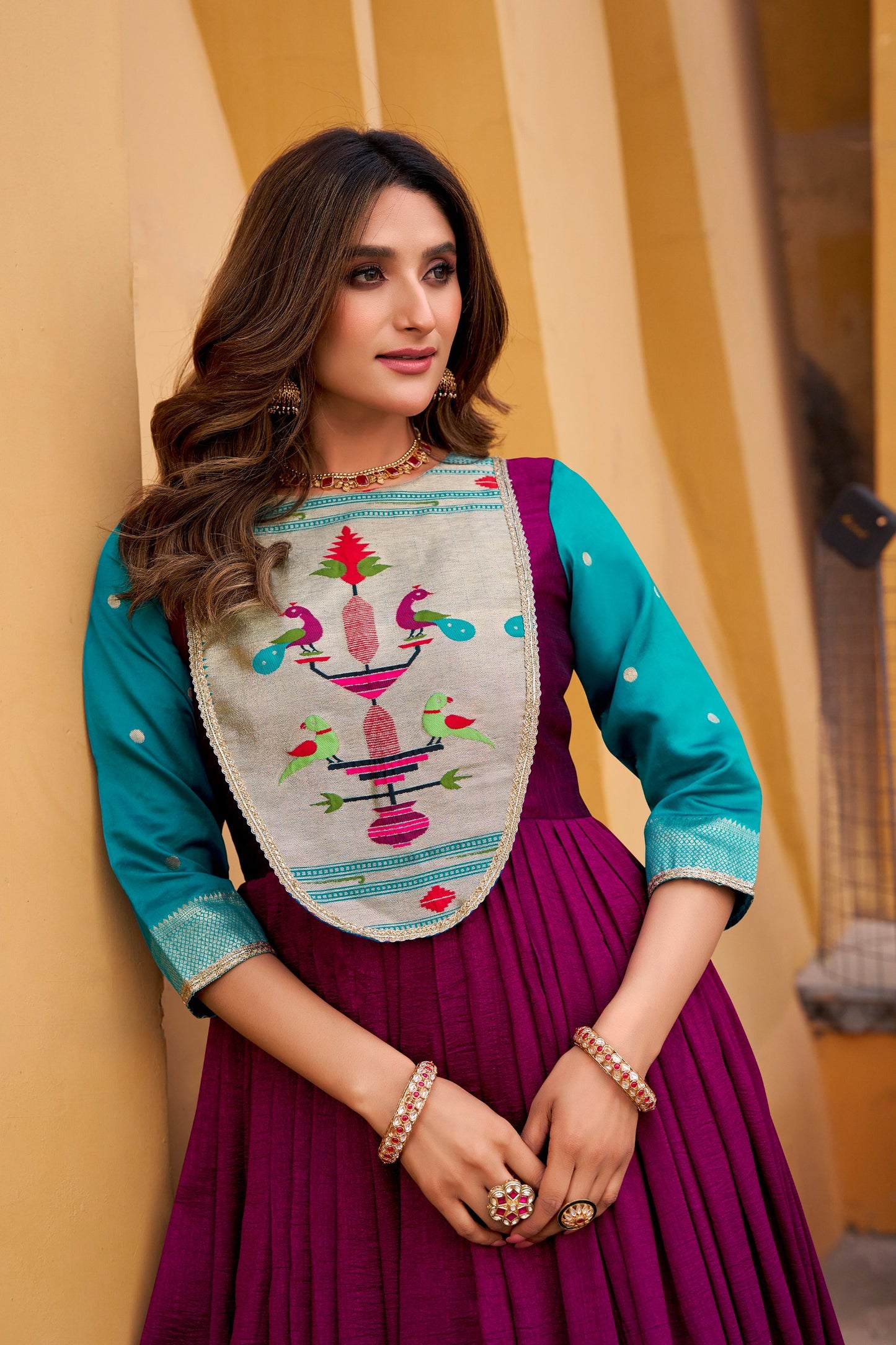 An elegant blend of comfort and tradition, designed in luxurious Vichitra Silk with a beautifully flowing flair