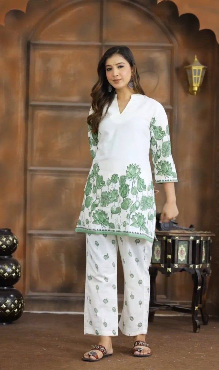 Elegant White and Green Lotus Print Cotton Kurta Pant Set for Women