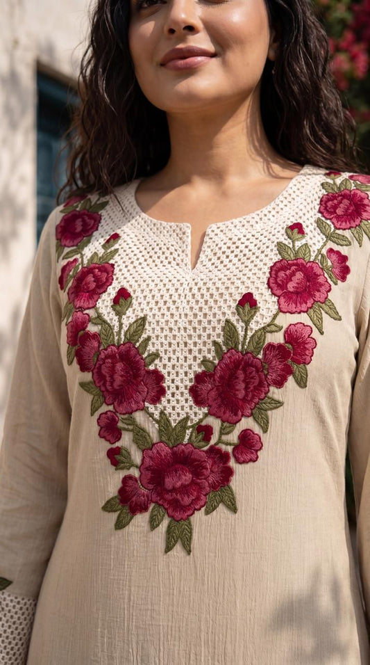 Elegant Beige Linen-Blend Kurta Set with Intricate Rose Pink Floral Embroidery, Matching Wide-Leg Palazzo Pants, and Scalloped-Edge Dupatta