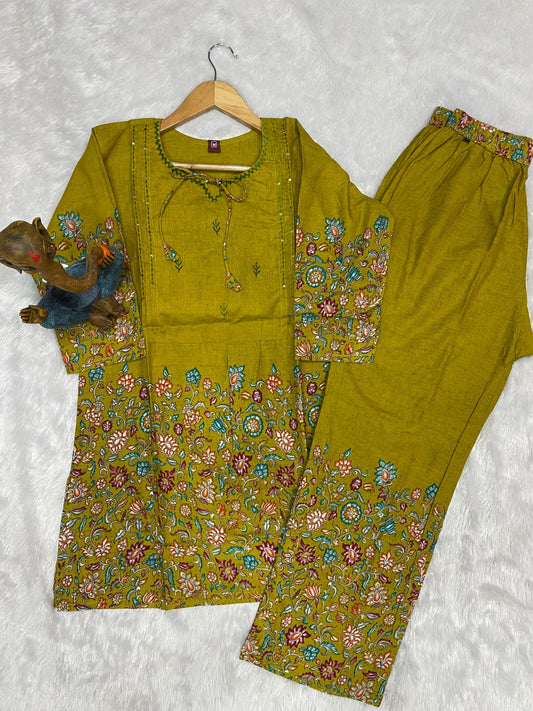 Festive Floral Printed Co-ord Set with Embroidered Neckline & Wide-Leg Trousers