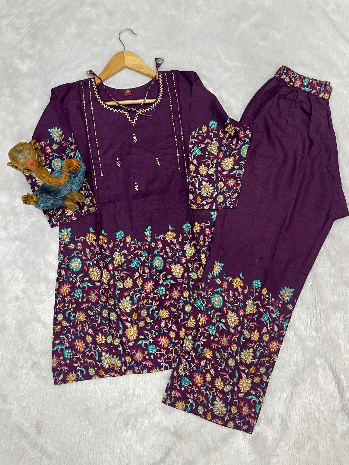 Festive Floral Printed Co-ord Set with Embroidered Neckline & Wide-Leg Trousers