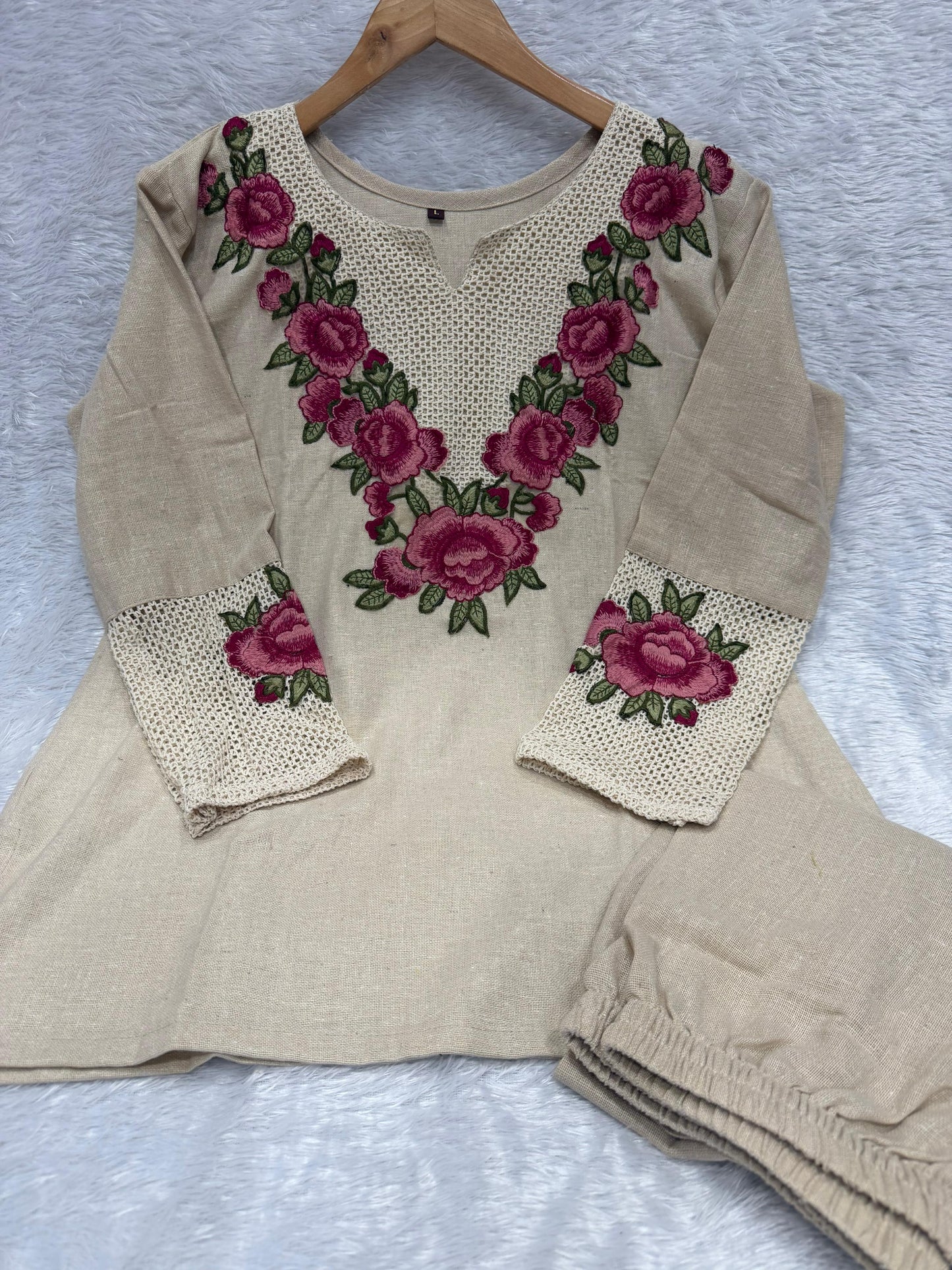 Elegant Beige Co-ord Set with Magenta Floral Embroidery and Cutwork Detailing