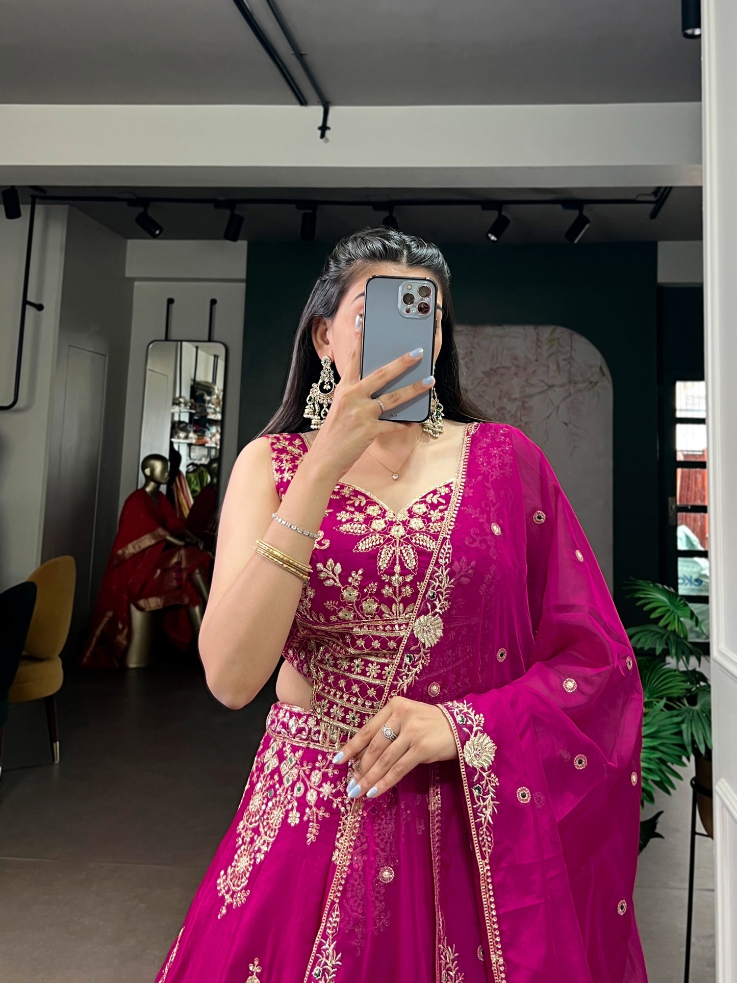 Where tradition meets sparkle This Naysha lehenga choli features detailed thread embroidery and shimmering sequins that make every twirl unforgettable ✨