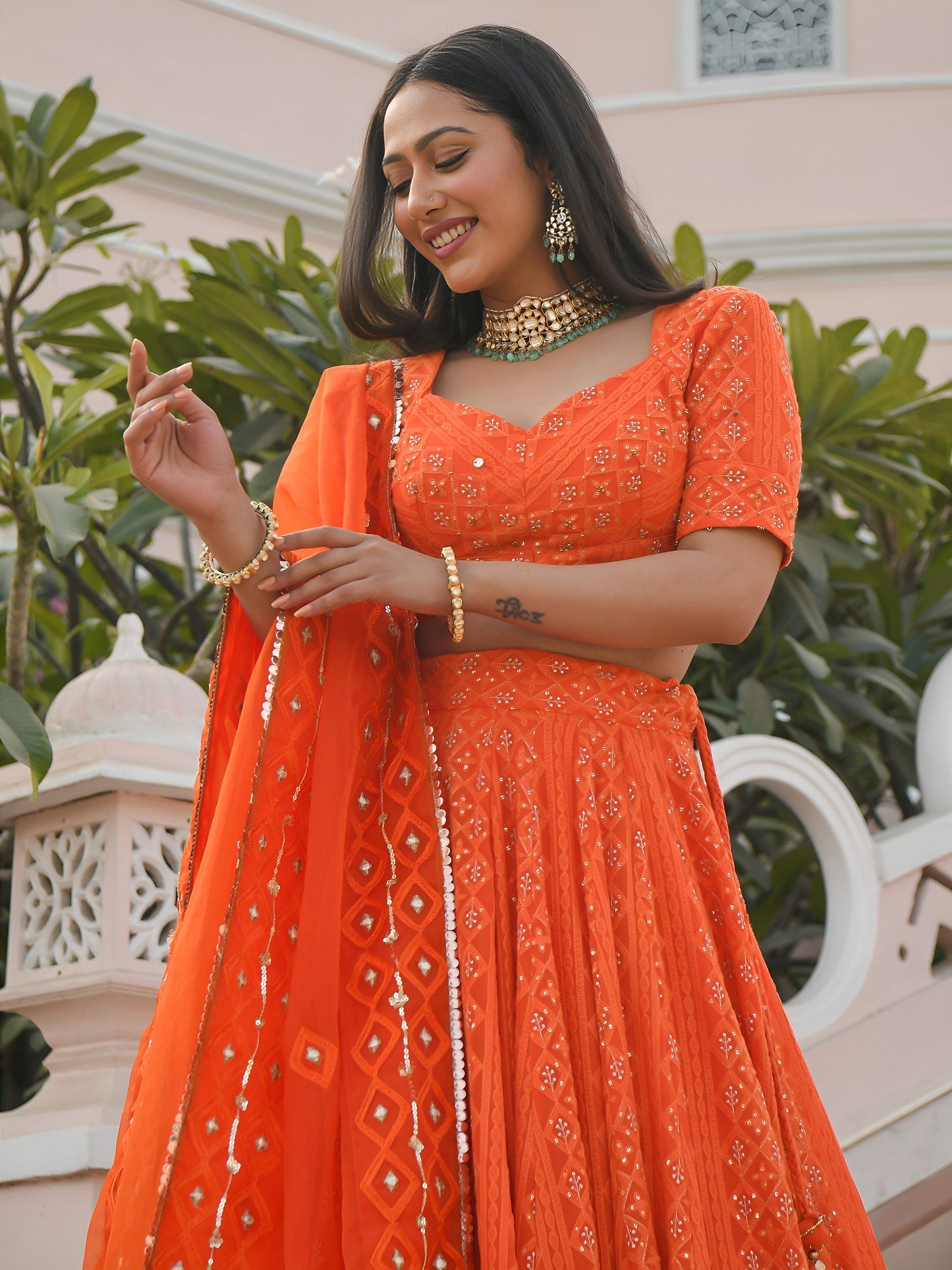 Women's Lehenga Choli in Orange Georgette with Thread, Sequins and Gottapatti Embroidery