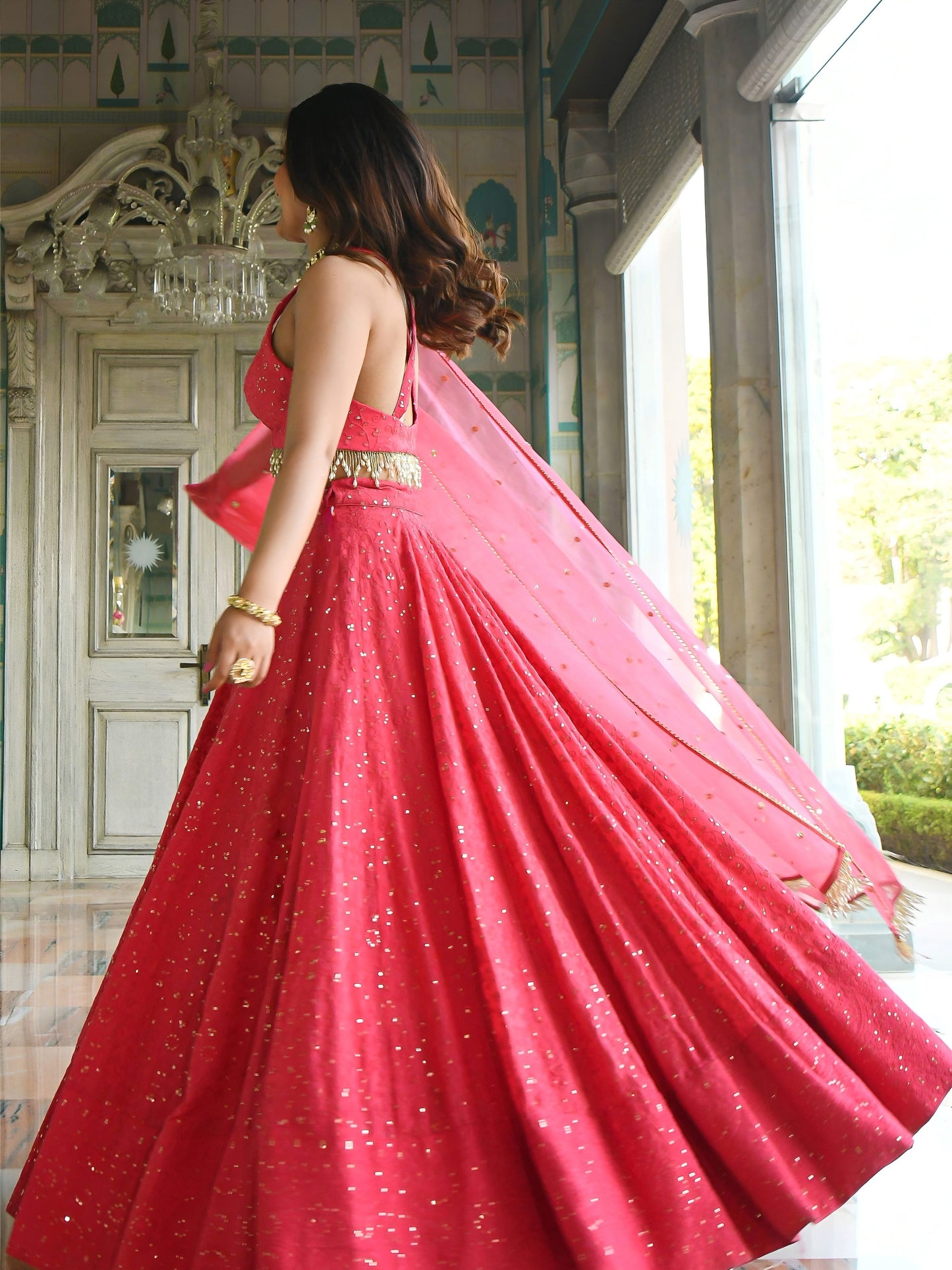 Women's Lehenga in Coral Pink Georgette with Thread & Sequins Embroidery