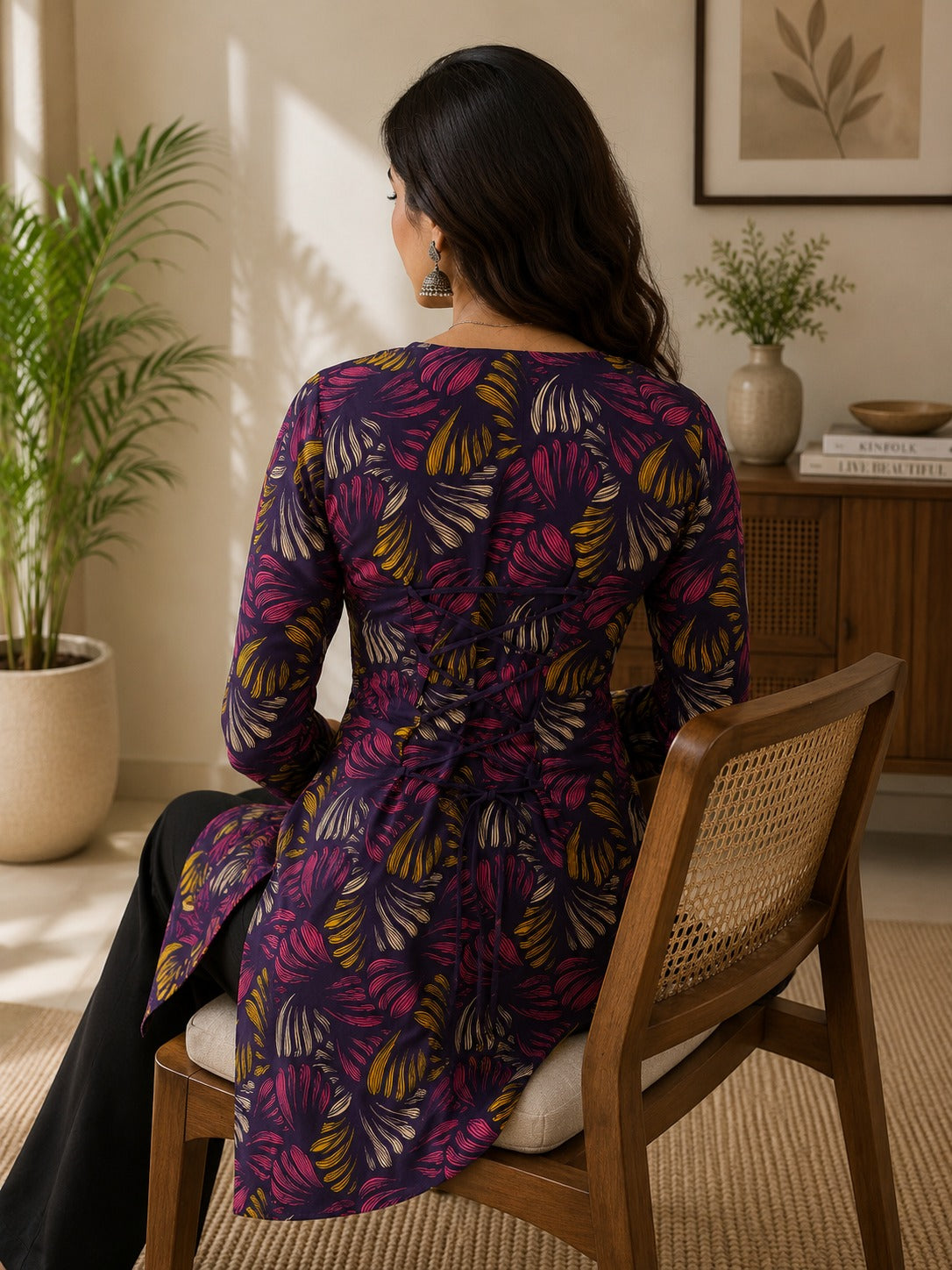 Women's Tunic Top in Navy Purple Heavy Rayon with Abstract Digital Print