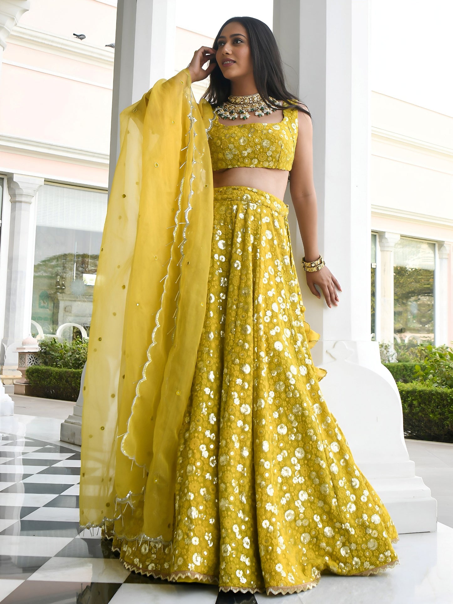 Women's Lehenga in Olive Mustard Georgette with Thread & Sequins Embroidery