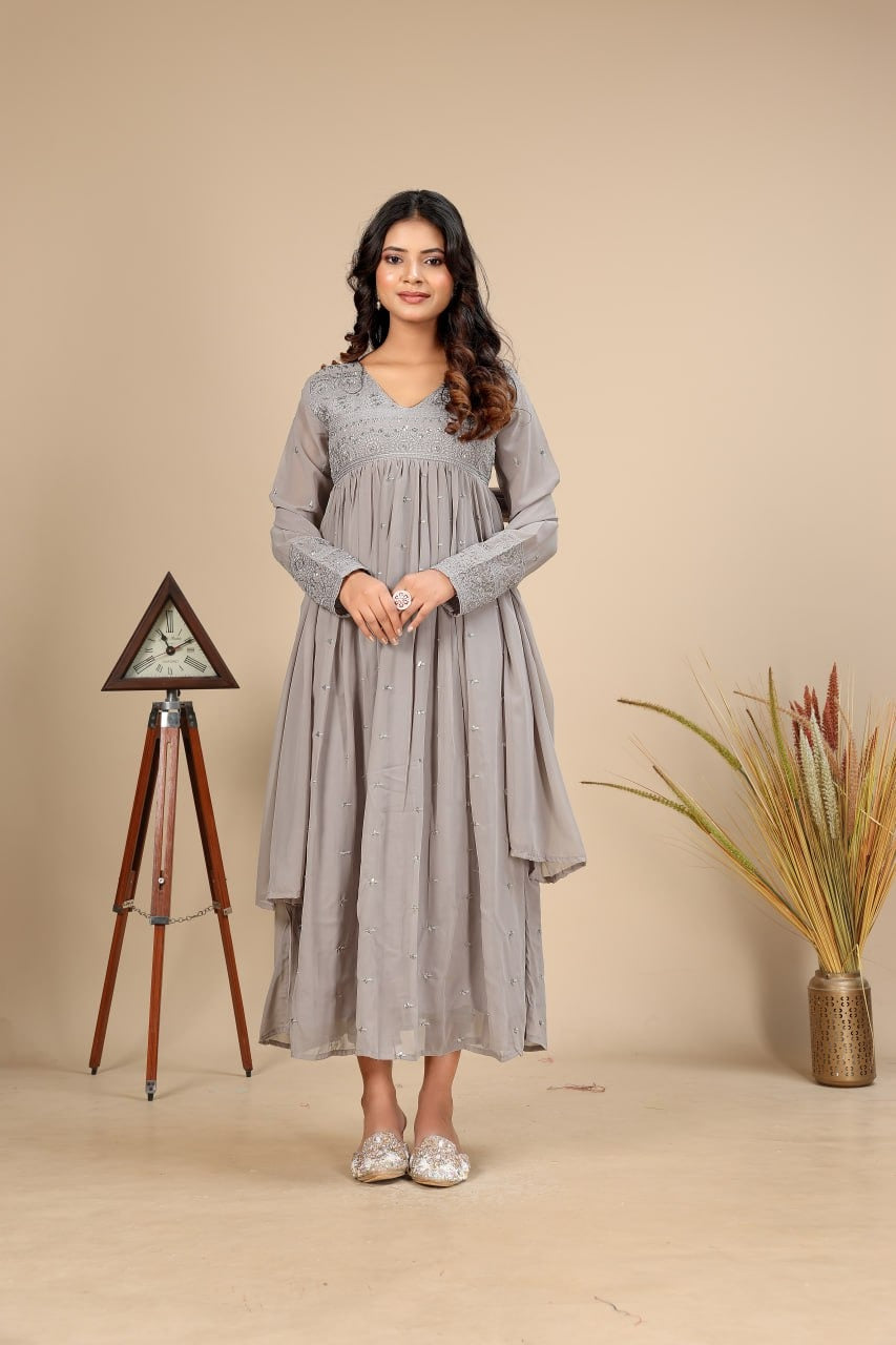 Women's Anarkali Gown Set in Grey Pure Fox Georgette with Sequin Embroidery