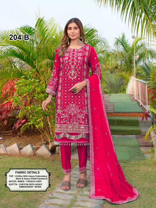 Embroidered Chiffon Pakistani Salwar Kameez Suit Set with Khatli Handwork