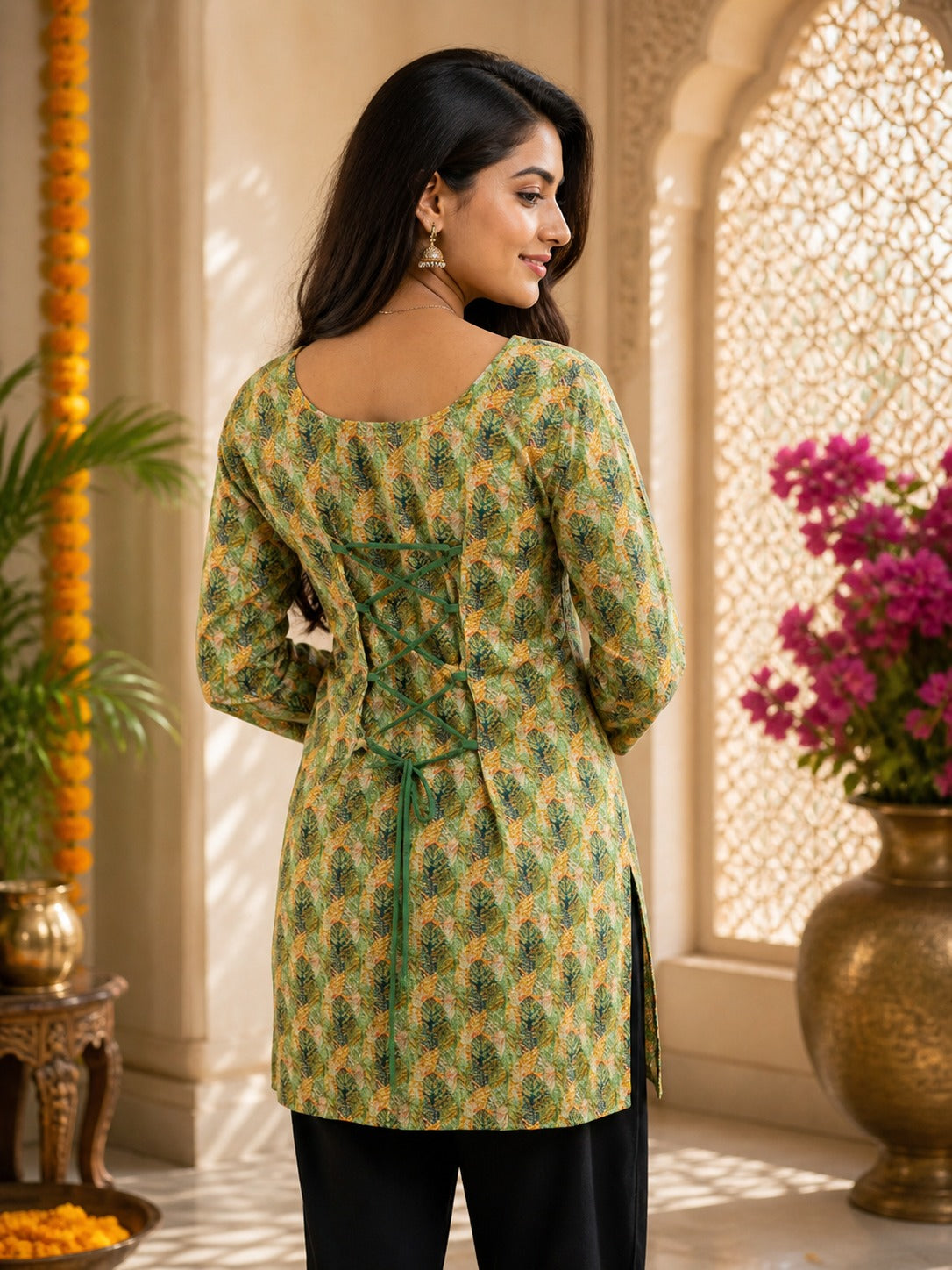 Women's Tunic Top in Sage Green Heavy Rayon with Digital Leaf Print