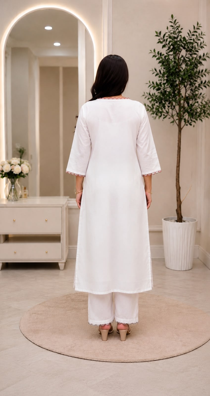 Women's Kurta Set in Off White Heavy Slub Rayon with Floral Embroidery