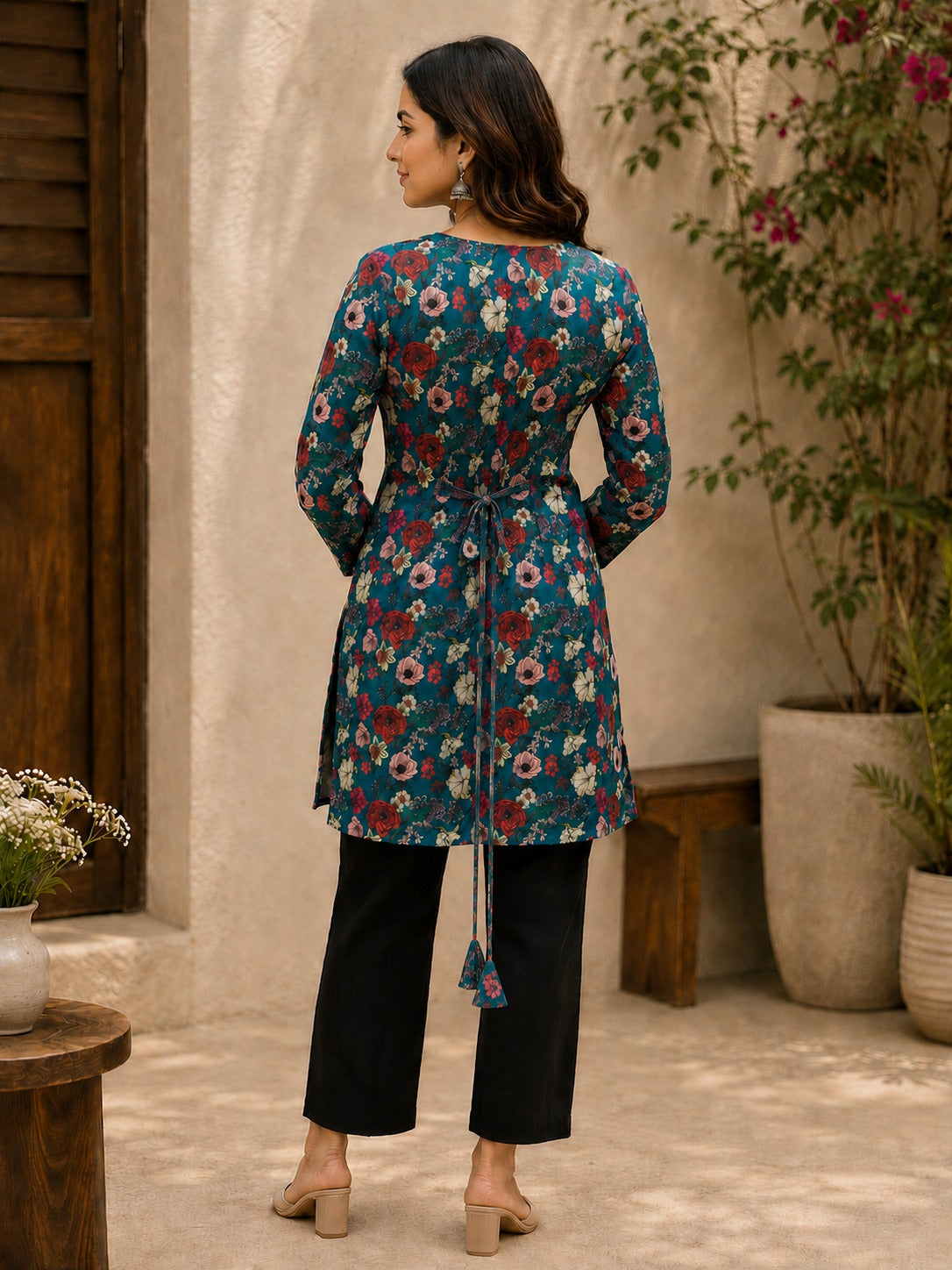Women's Tunic Top in Teal Blue Heavy Rayon with Floral Digital Print